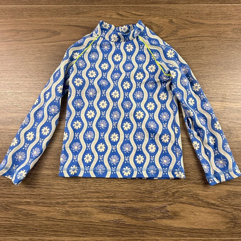 Boden Kids Blue Floral Wavy Long Sleeve Rash Guard Swim Top UPF 40+ Size 4-5Y